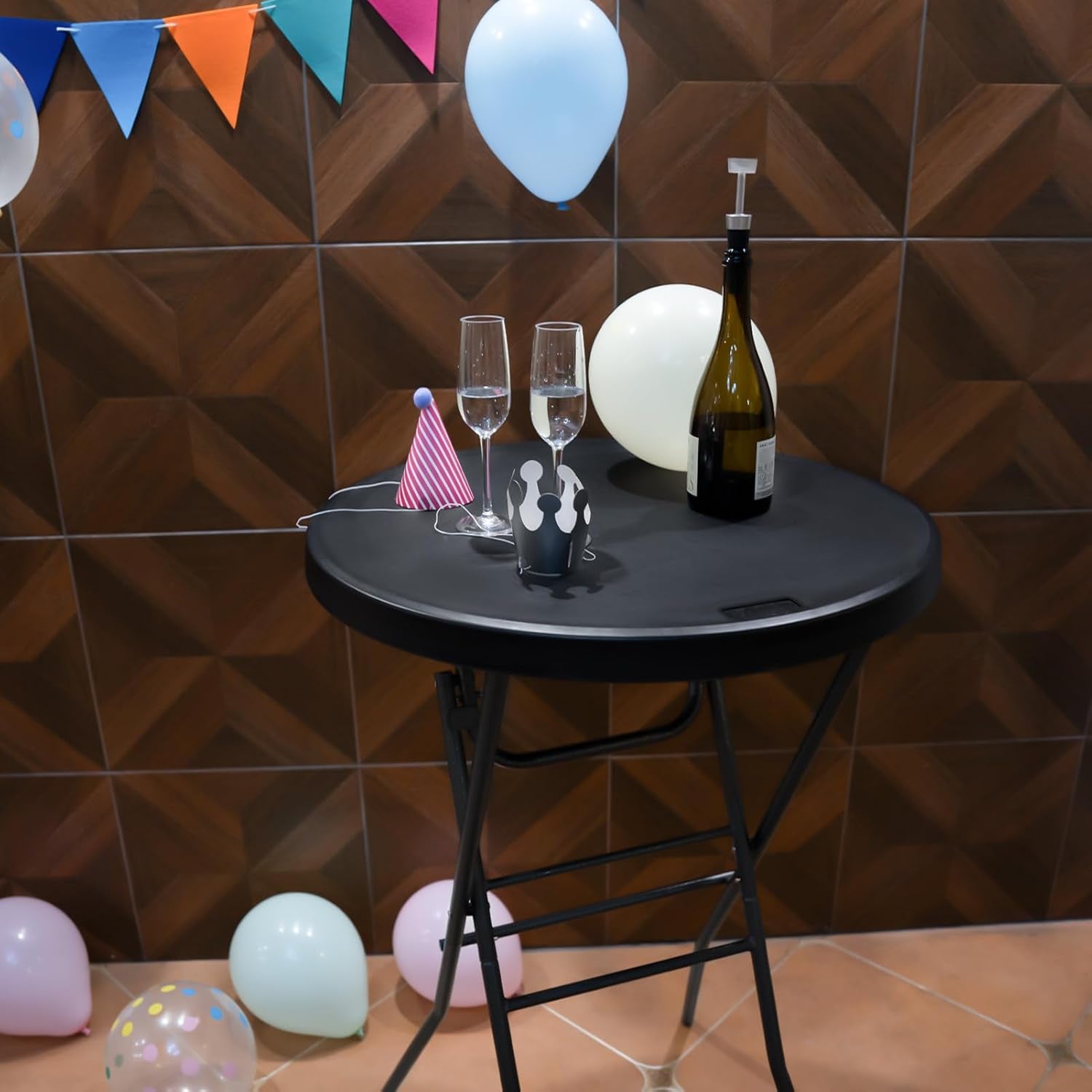 Cocktail Table 28In High Top round Folding Indoor Outdoor, Plastic Bar Height Foldable Bistro Tall Table for Party, Patio, Dining Room, Kitchen, Events, Removable Locking Legs, Black