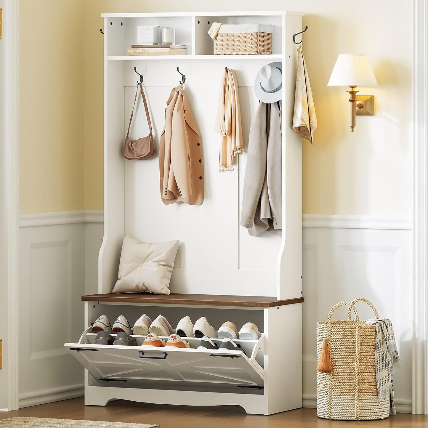 Hall Tree with Bench, Entryway Bench with Coat Rack and Shoe Cabinet, Flip Drawers, Farmhouse Hall Tree with Shoe Organizer, Mud Room, White and Walnut WH85MT01