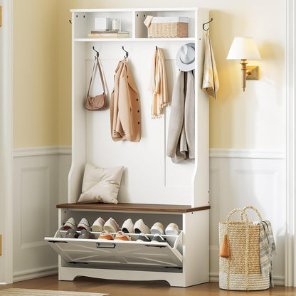 Hall Tree with Bench, Entryway Bench with Coat Rack and Shoe Cabinet, Flip Drawers, Farmhouse Hall Tree with Shoe Organizer, Mud Room, White and Walnut WH85MT01