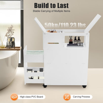 Bathroom Storage Cabinet, Storage Cabinet with Drawers, Movable Narrow Toilet Side Cabinet W/2 Slide Out Drawers, 2 Rattan Baskets & Shelves, Toilet Paper Holder on Wheels for Small Spaces