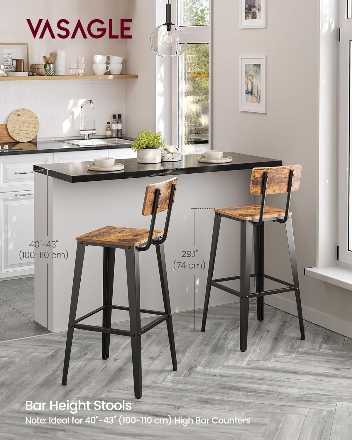 Set of 4 Bar Stools, Bar Height Stools, 29.1 Inches Tall Barstools with Back, Counter Bar Chairs for Kitchen Island, Steel Frame, Industrial Style, Easy Assembly, Rustic Brown and Ink Black