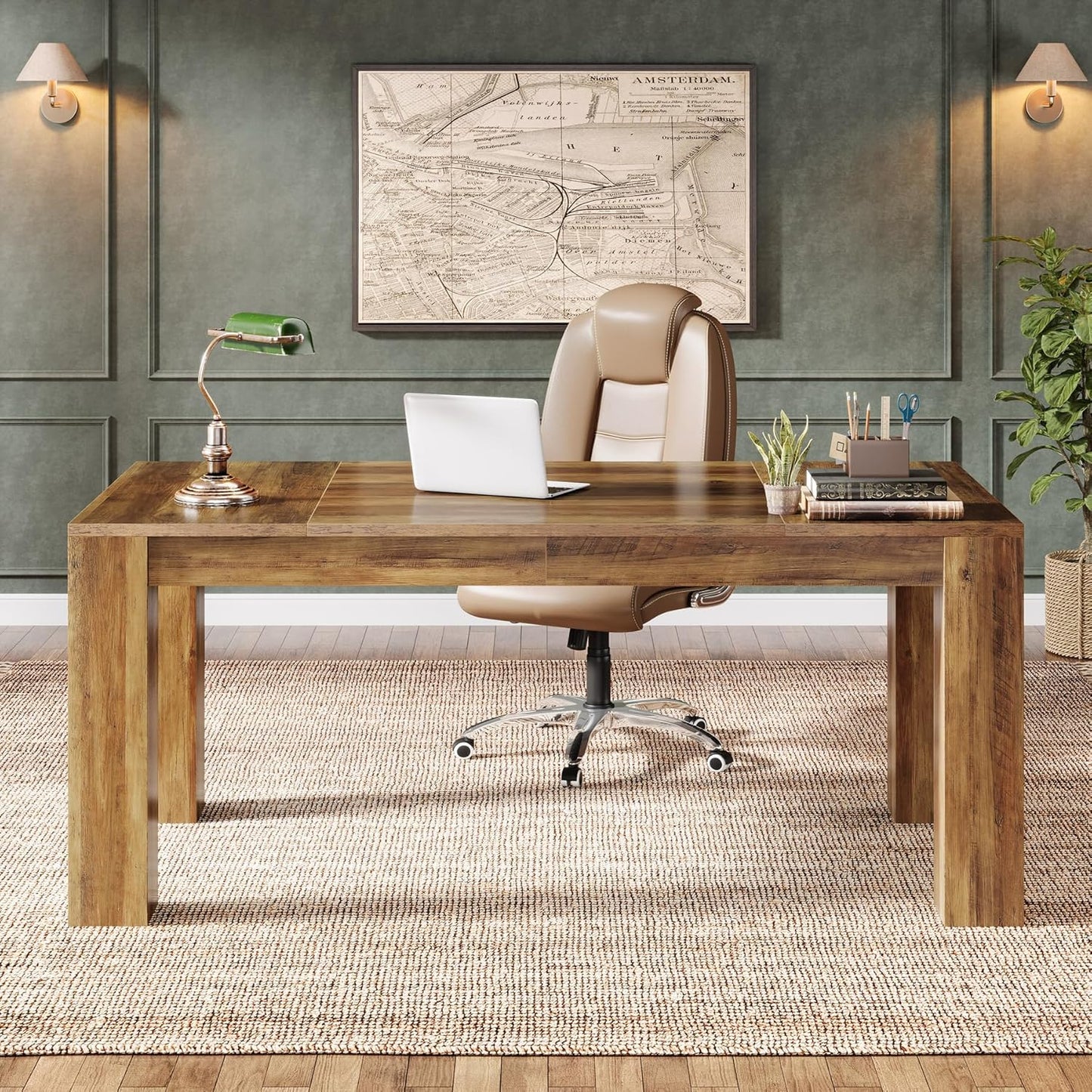 63-Inch Executive Desk, Large Office Computer Desk, Simple Workstation Writing Table Study Table for Home Office, Rustic Brown