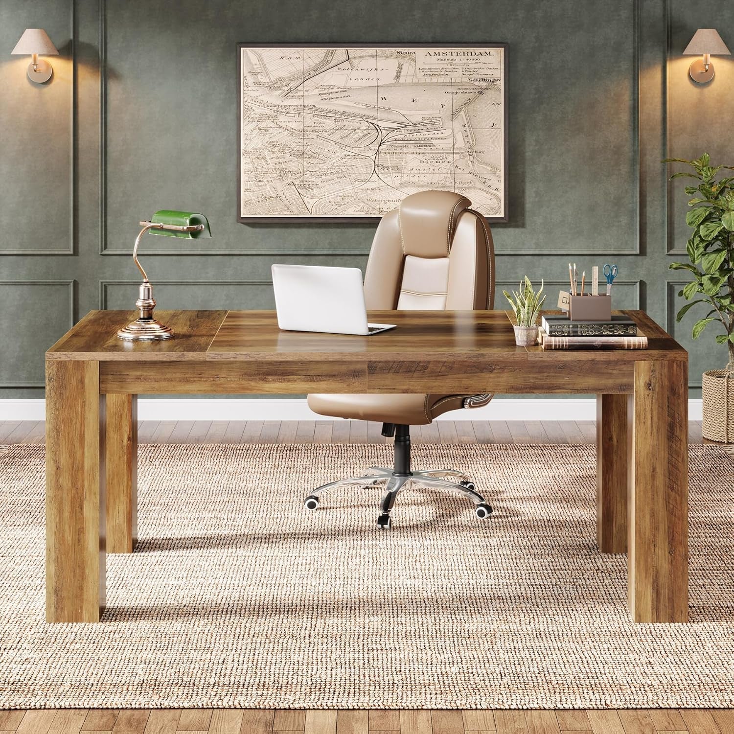 63-Inch Executive Desk, Large Office Computer Desk, Simple Workstation Writing Table Study Table for Home Office, Rustic Brown