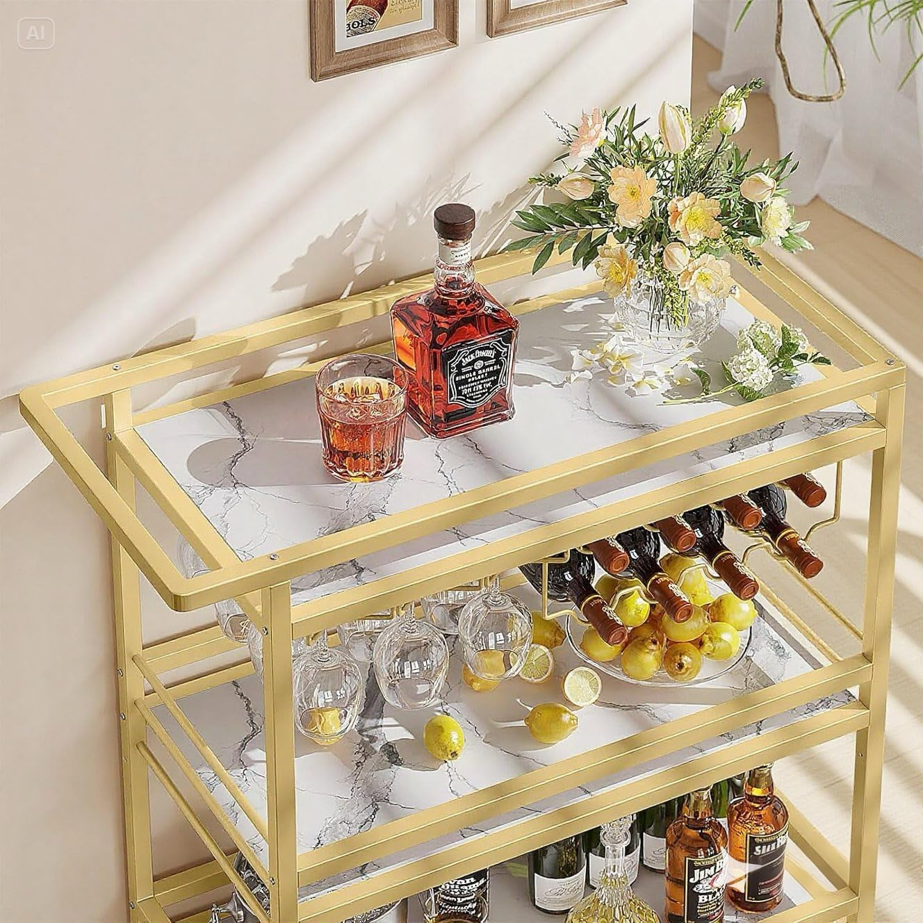 Bar Cart for Home, 3 Tier Gold Serving Rolling Carts with Wheels, Drink Cart, Liquor Stand with Marbled Wooden Shelves, Wine Rack and Glass Holder for Kitchen, Dining Room