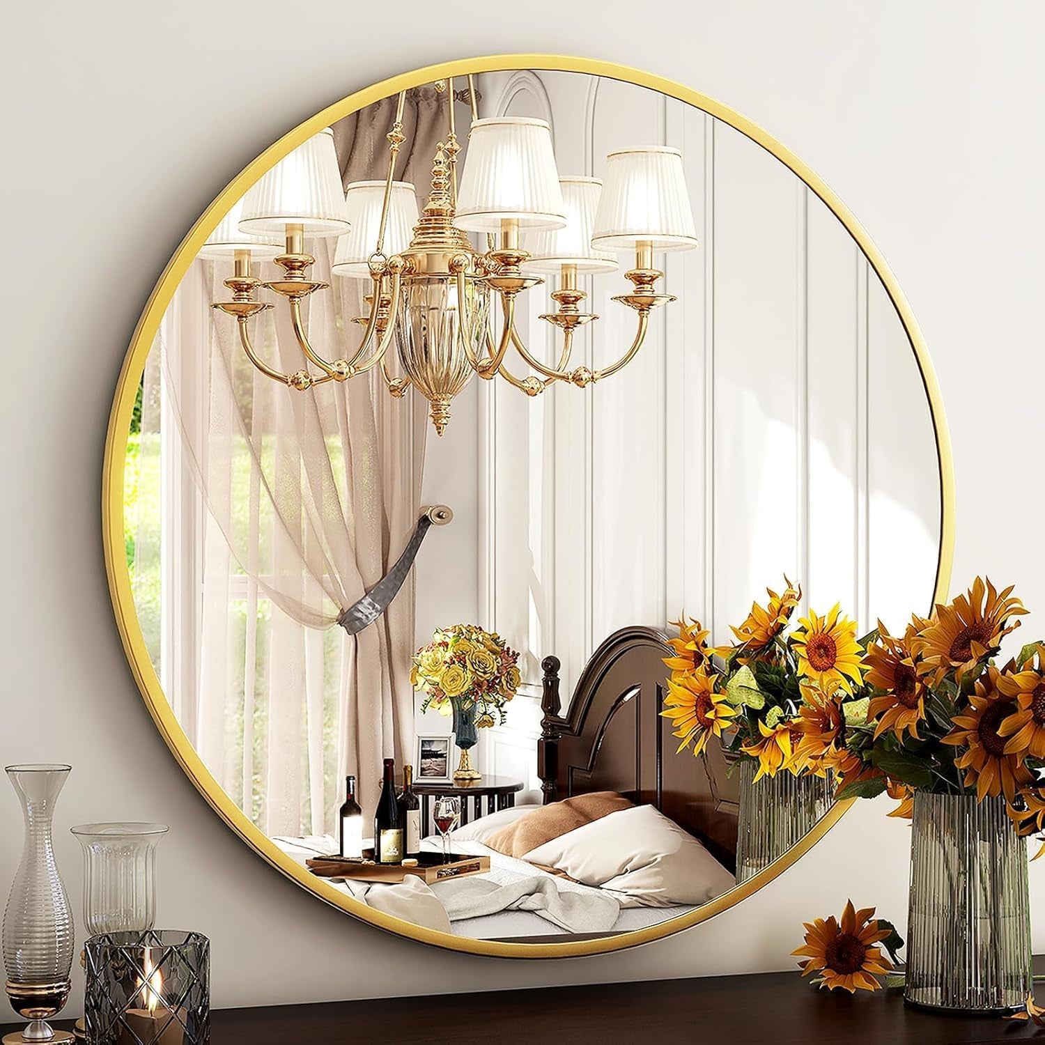 round Mirror 19.6 Gold Wall Mounted Circle Mirrors Vanity Mirror with Brushed Aluminum Alloy Frame Modern Decoration for Bathroom, Living Room, Vanity, Bedroom, Entryway