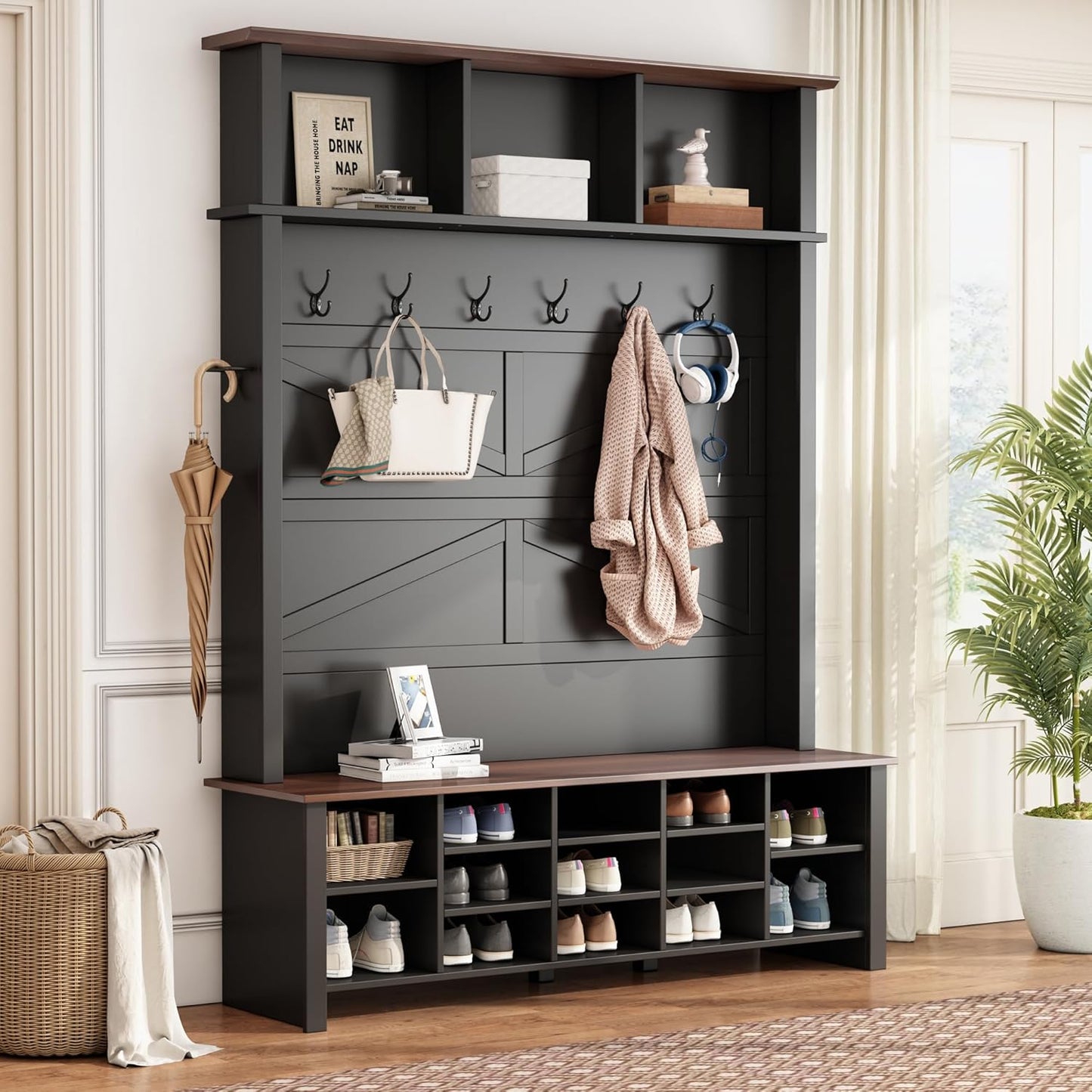 Wood Rustic Hall Tree Entryway Bench with 6 Hooks and Adjustable Shelves, Farmhouse Mudroom Versatile Coat Racks with 16 Open Compartments, Entrance Organizer for Hallway Black
