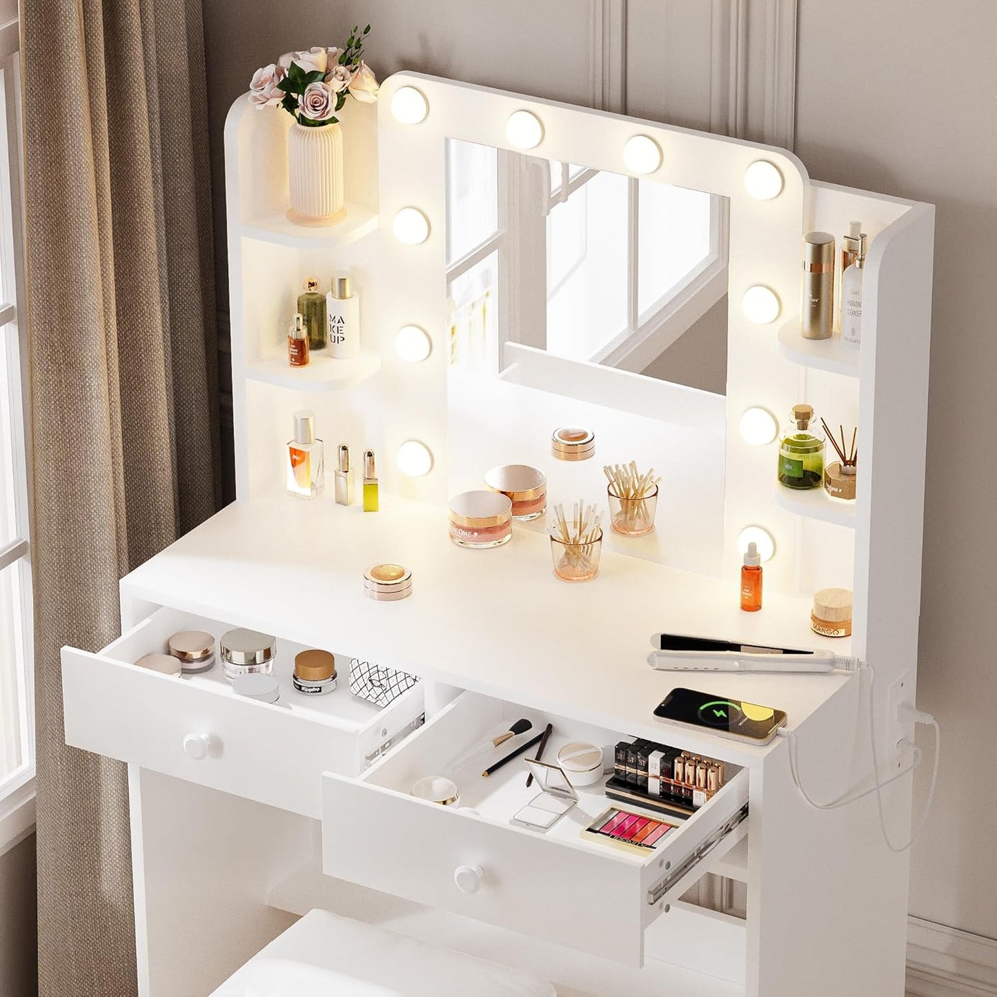 Vanity Desk with Lighted Mirror and Power Outlets, Makeup Vanity Set with Storage Drawer, Shelves and Chair, White Dressing Table with 3 Color Lighting Modes for Bedroom