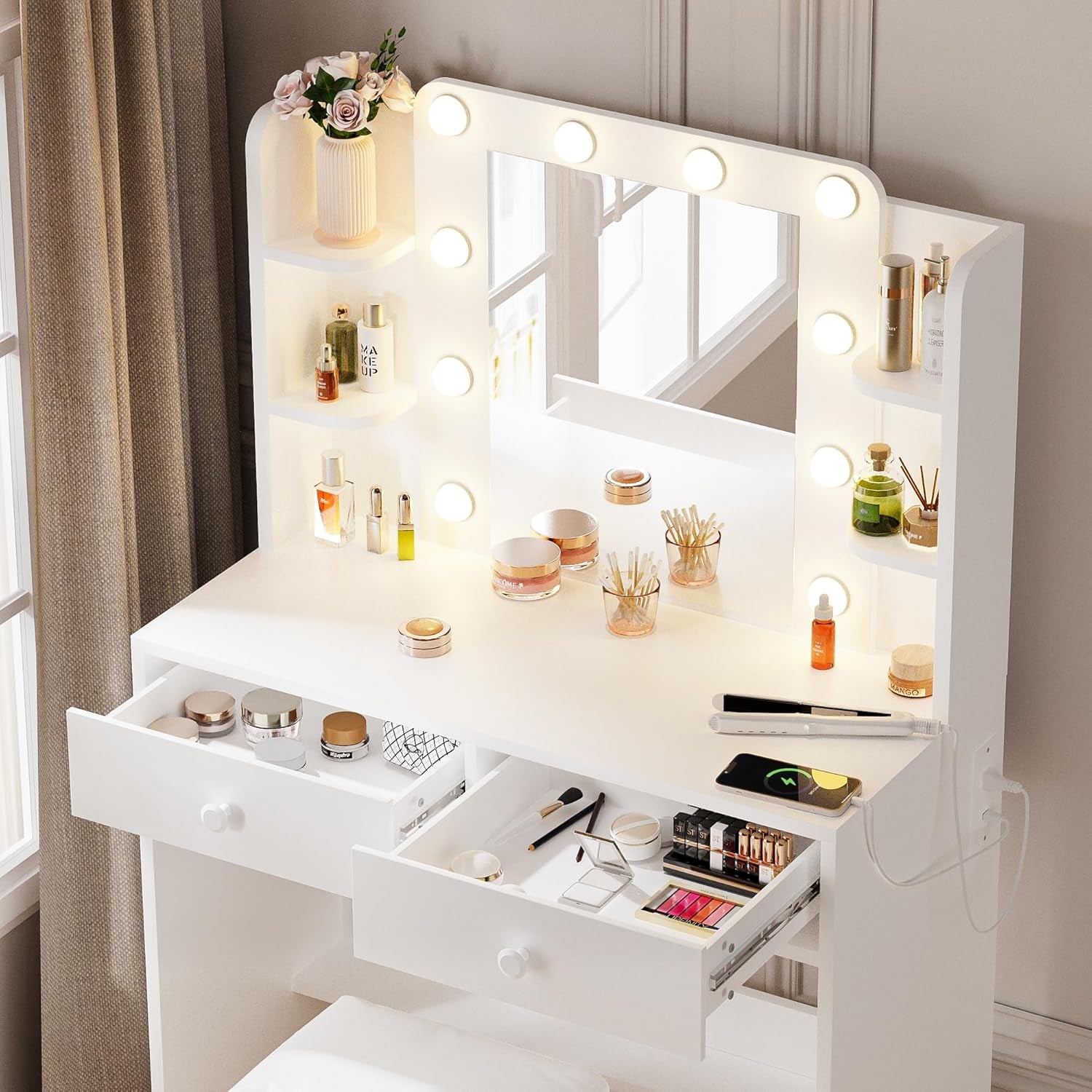 Vanity Desk with Lighted Mirror and Power Outlets, Makeup Vanity Set with Storage Drawer, Shelves and Chair, White Dressing Table with 3 Color Lighting Modes for Bedroom