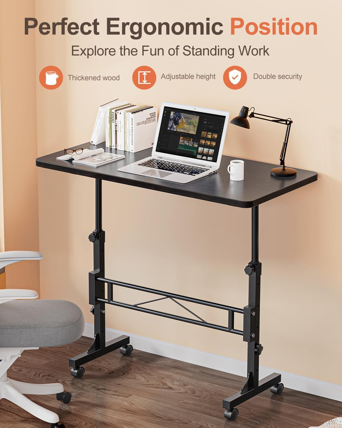 Small Standing Desk Adjustable Height, Mobile Stand up Desk with Wheels, 32 Inch Portable Rolling Desks for Walking Pad Treadmill Black