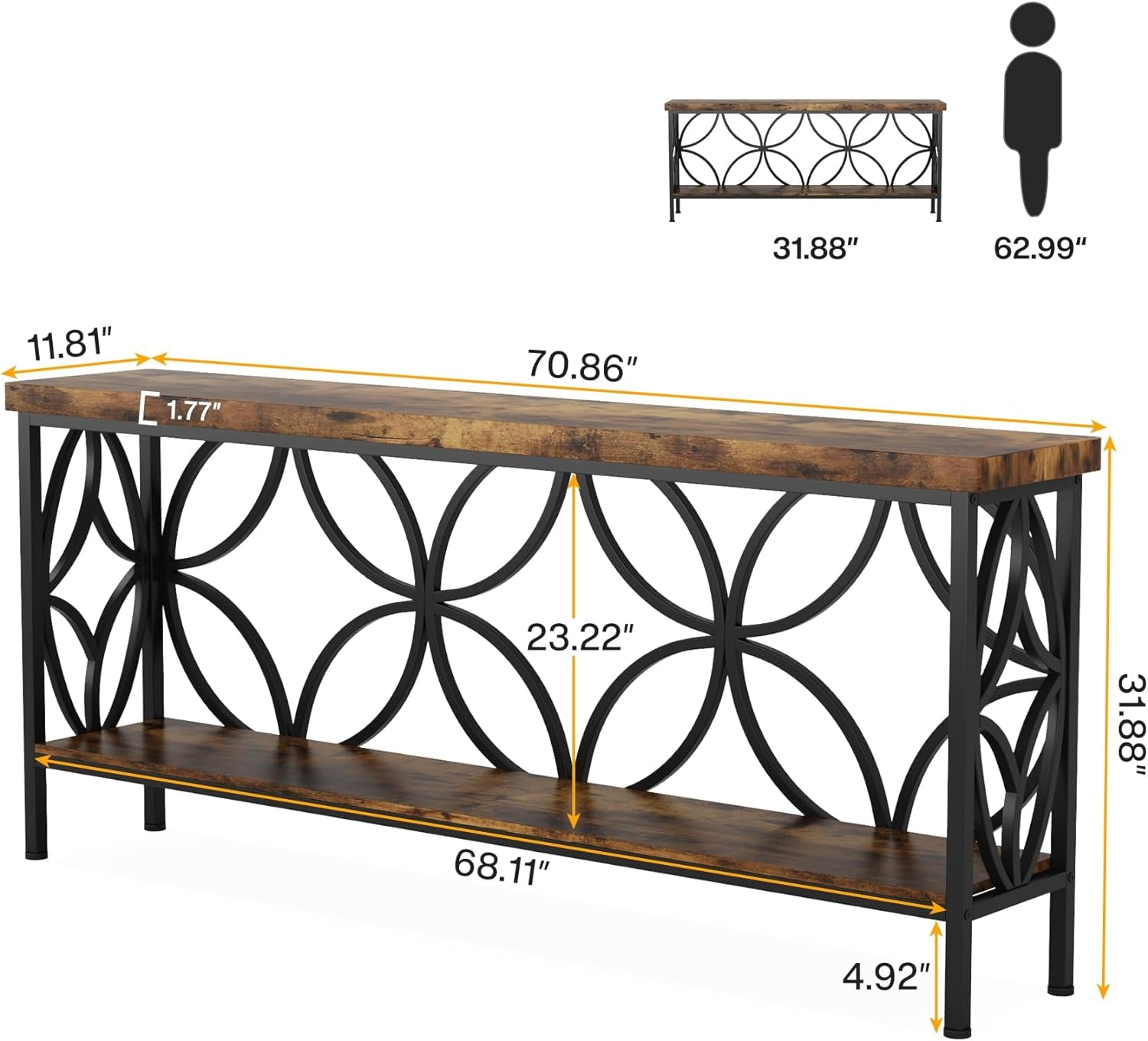 70.9-Inch Narrow Sofa Table, Industrial Long Sofa Table behind Couch, Entry Console Table with Storage for Entryway, Living Room, Foyer, Unique Design, Rustic Brown