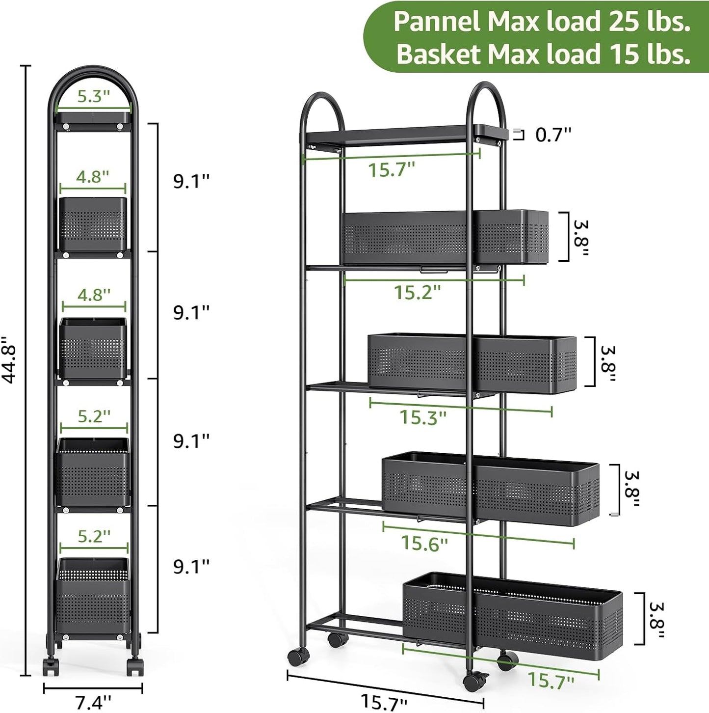 5-Tier Slim Storage Cart with Pull Out Basket, Rolling Bathroom Organizer Utility, Metal Shelving Unit Slide Out, Lockable Wheels, Easy Assembly for Narrow Place, Kitchen, Laundry Room, Black