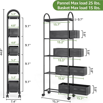 5-Tier Slim Storage Cart with Pull Out Basket, Rolling Bathroom Organizer Utility, Metal Shelving Unit Slide Out, Lockable Wheels, Easy Assembly for Narrow Place, Kitchen, Laundry Room, Black
