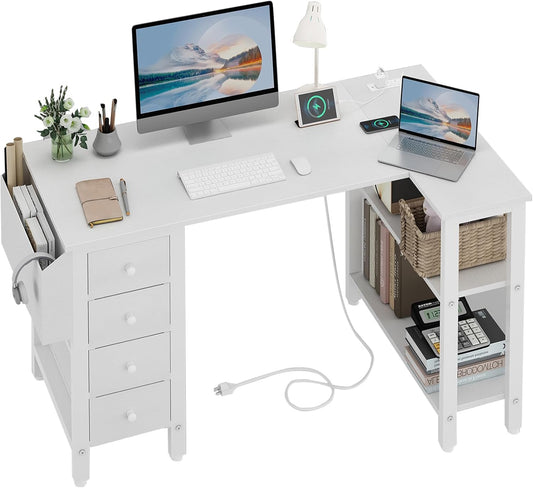 White L Shaped Computer Desk with Drawers & Storage Shelves, 47 Inch Corner Reversible Desk with Power Outlet for Home Office Bedroom, L-Shaped Teen PC Desks with Fabric Drawer, White