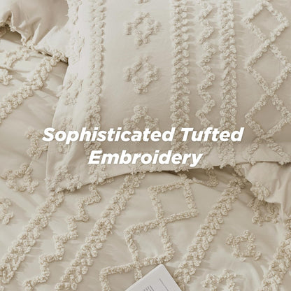 Tufted Boho Comforter Set Queen Size - Beige Boho Bed Set, Gentlesoft™ 3 Pieces Farmhouse Shabby Chic Embroidery Bedding, Gifts for Woman, Soft Jacquard Queen Comforter for All Seasons