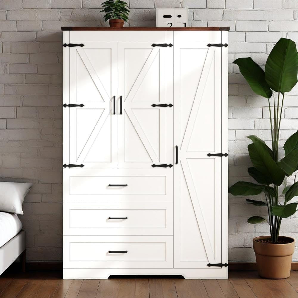 70" Tall Wardrobe Closet with 3 Doors & 3 Drawers, Farmhouse Armoire with Hanging Rod, Wooden Armoire Wardrobe Closet for Bedroom, Freestanding Clothing Storage Cabinet, White