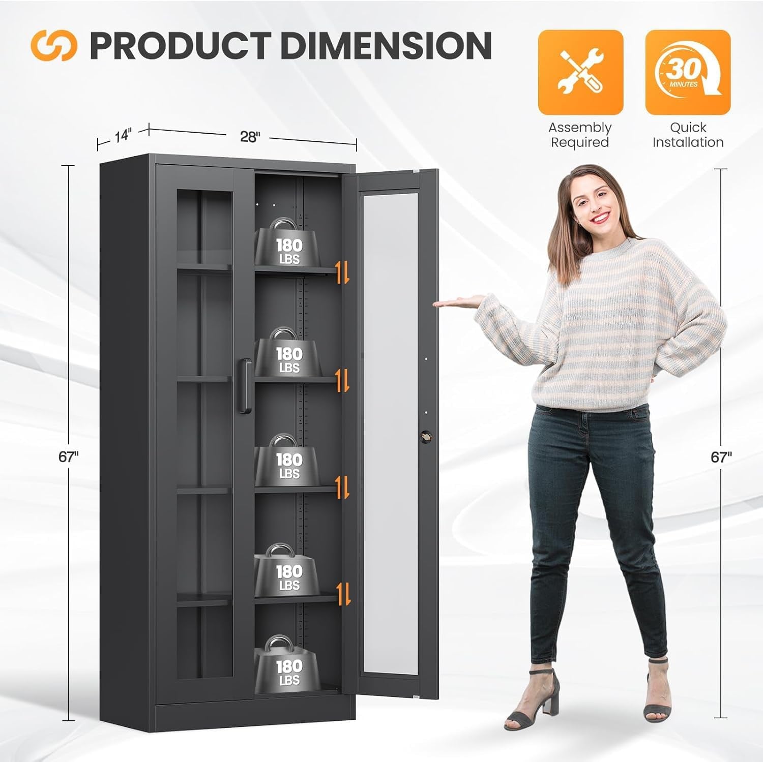 Glass Display Cabinet with Lock, 67”H Metal Curio Cabinets with Glass Door, Locking Liquor Caninet Display Case for Home, Collectibles, Clinic, Living Room - Assembly Required