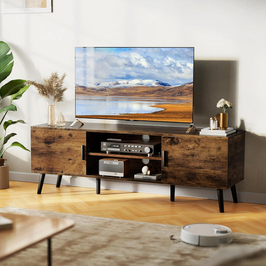TV Stand for 55 Inch TV, Entertainment Center with Adjustable Shelf, 2 Cabinets, TV Console Table, Media Console, Solid Wood Feet, Cord Holes, for Living Room, Bedroom, Rustic Brown