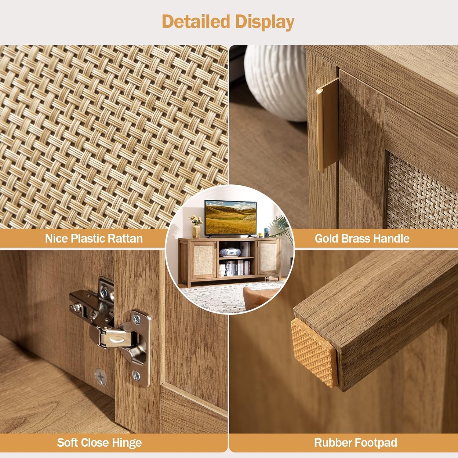 TV Stand for Living Room : Rattan TV Console Cabinet with Storage and Shelf, Boho Entertainment Center, 59" Media Console for 55, 65 Inch TV, 26" Tall Television Stands, Oak