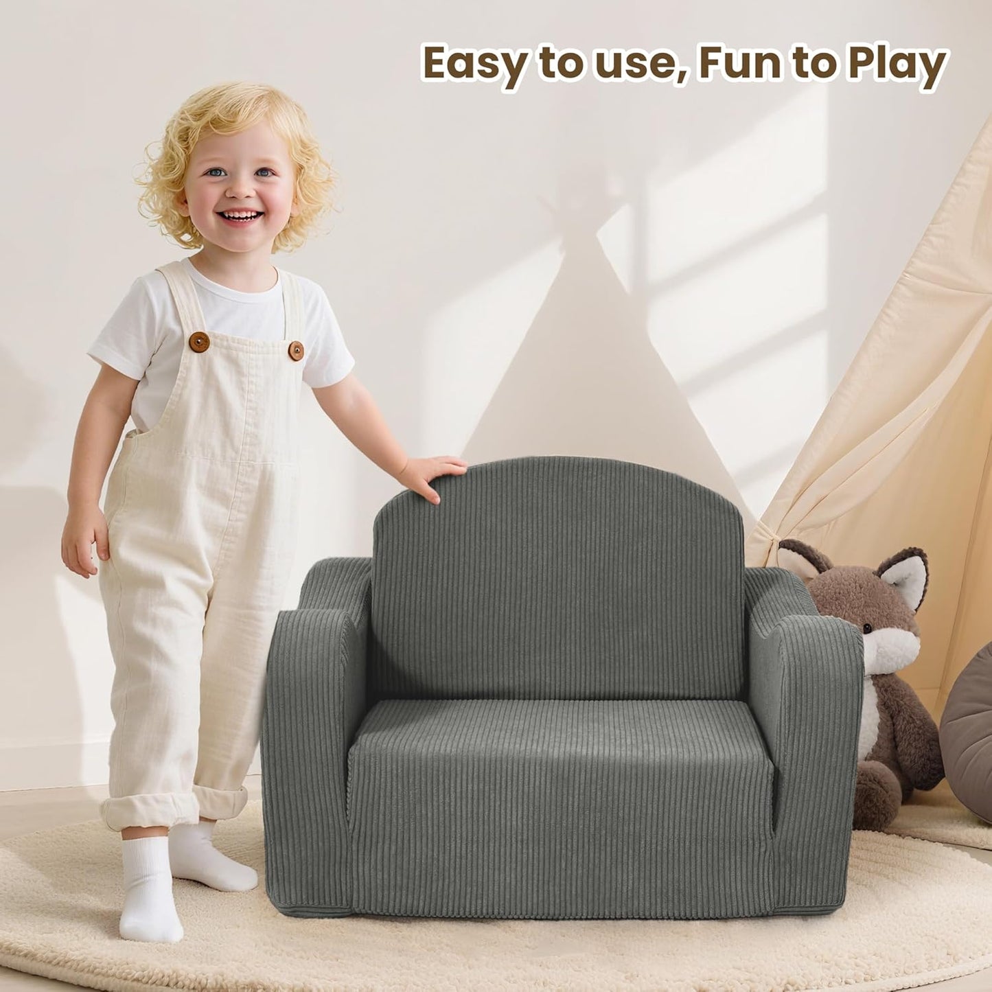 Comfy Toddler Chair for Kids, 2-In-1 Toddler Soft Plush Couch Fold Out, Convertible Kids Couch to Lounger, Baby Sofa for Boys and Girls,Grey