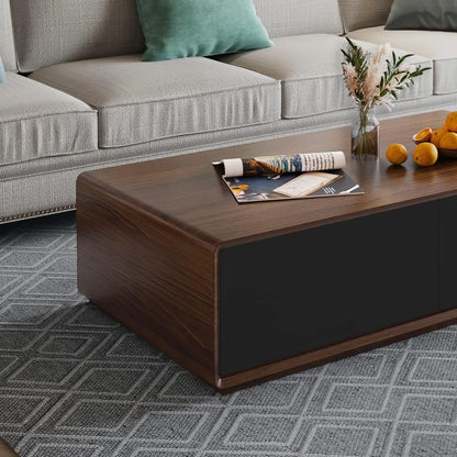 Modern Coffee Table for Living Room, 51 Inch Square Coffee Table with Storage, 4-Drawers Wood Table, Full-Assembled, Walnut and Black