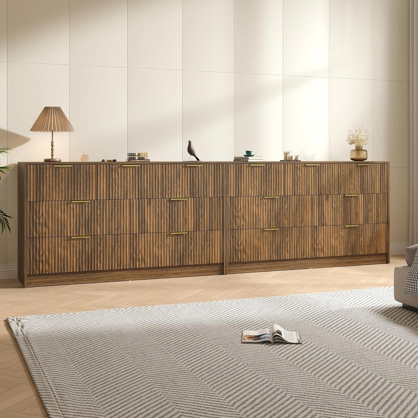 Walnut Dresser Set of 2, Long Dresser for Bedroom Wooden with 14 Drawers, Fluted Modern Bedroom Furniture Set, TV Stand Dressers & Chests of Drawers for Closet (15.7"D X 110.2"W X 31.8"H)