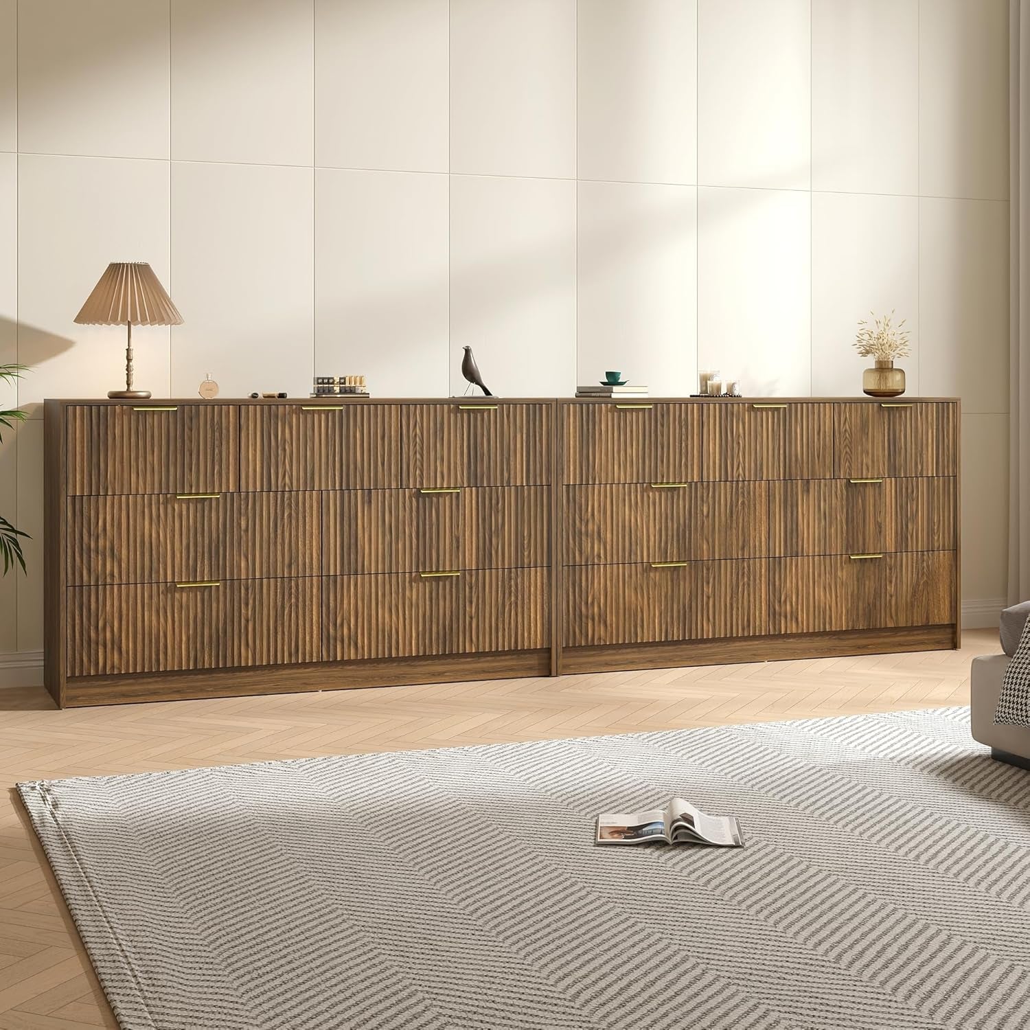 Walnut Dresser Set of 2, Long Dresser for Bedroom Wooden with 14 Drawers, Fluted Modern Bedroom Furniture Set, TV Stand Dressers & Chests of Drawers for Closet (15.7"D X 110.2"W X 31.8"H)