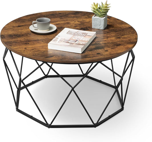 round Coffee Table for Living Room, Cage Cocktail Table with Steel Frame, 31.5 Inches Dia., Industrial Style, Rustic Brown and Black ULCT040B01