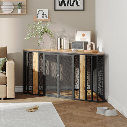 𝙎𝙖𝙪𝙙𝙞𝙨𝙢 67" XL Corner Dog Crate Furniture, Large Wooden Dog Kennel Furniture with 2 Doors, Decorative Dog Crate, Dog Kennel TV Stand End Table for Small to Large Dogs