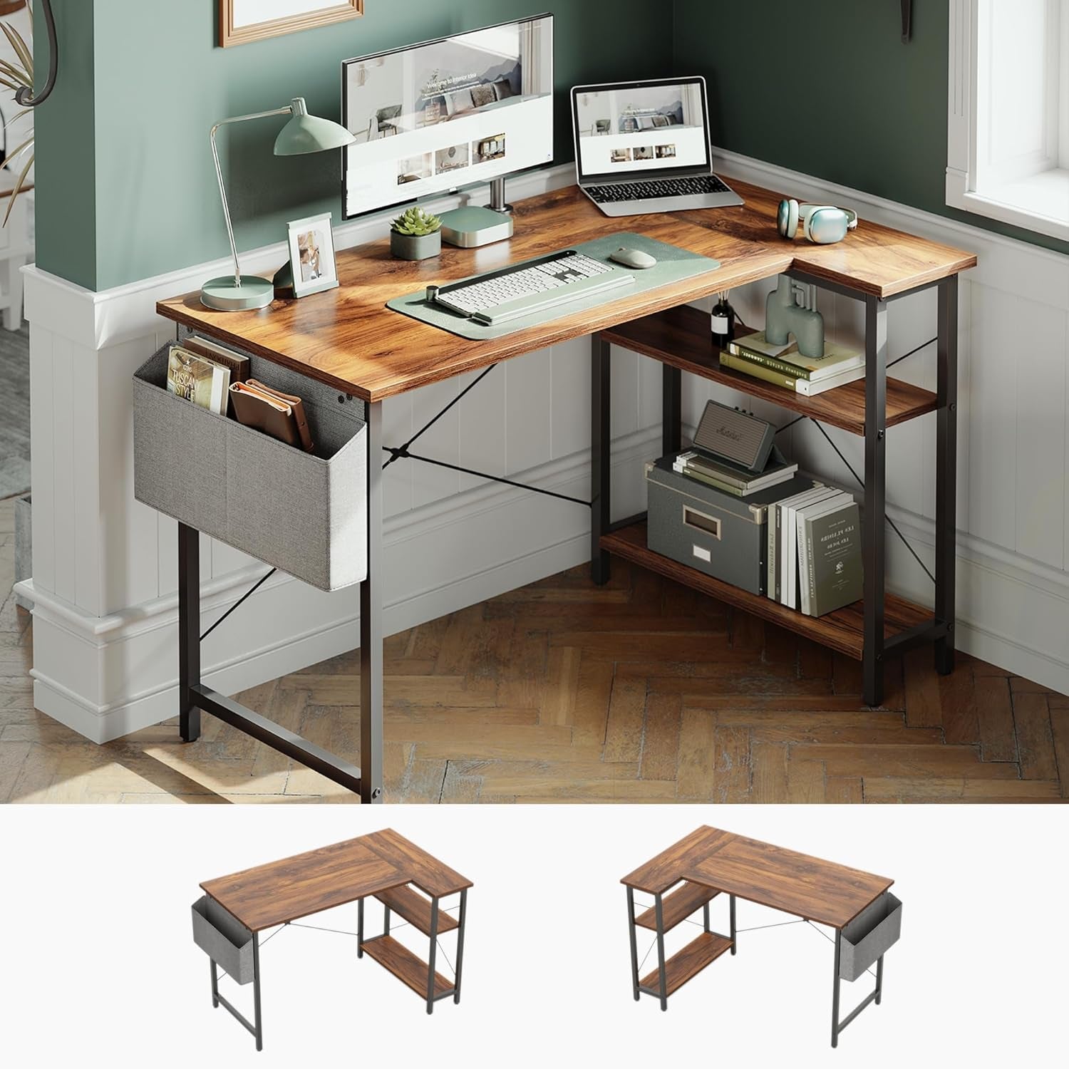 L Shaped Desk, 40" Computer Desk with Reversible Storage Shelves Home Office Corner Desk Study Writing Gaming Table, Brown