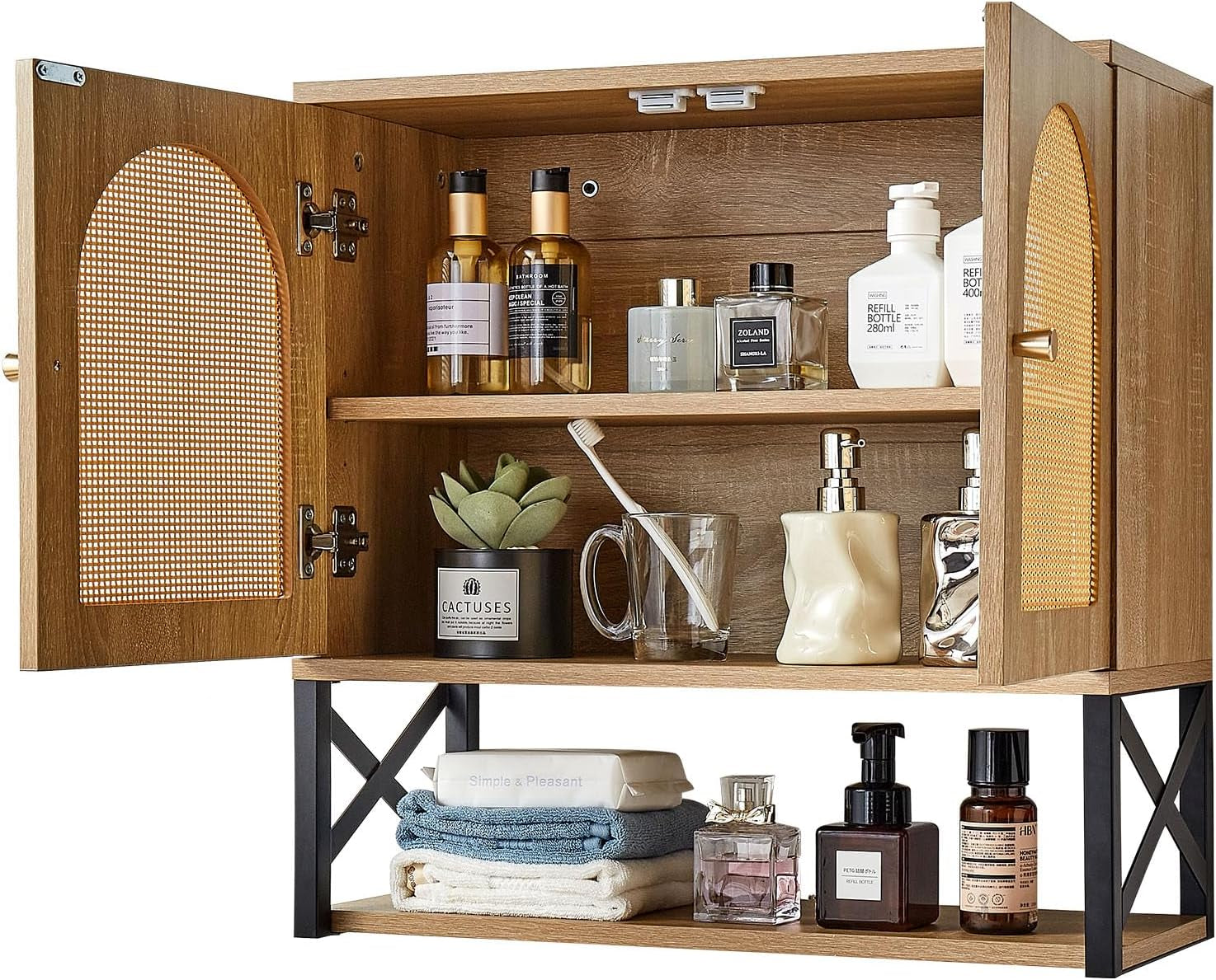 Bathroom Wall Cabinet, with 2 Doors and Adjustable Shelf, over the Toilet Storage Medicine Cabinet Wall Mounted, Hanging Organizer with Shelves & Open Partition for Laundry Room Kitchen Restroom