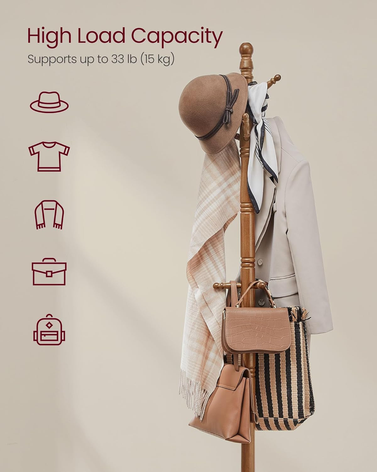 Solid Wood Coat Rack and Stand, Free Standing Hall Coat Tree with 10 Hooks for Hats, Bags, Purses, for Entryway, Hallway, Rubberwood, Caramel Brown URCR03WN