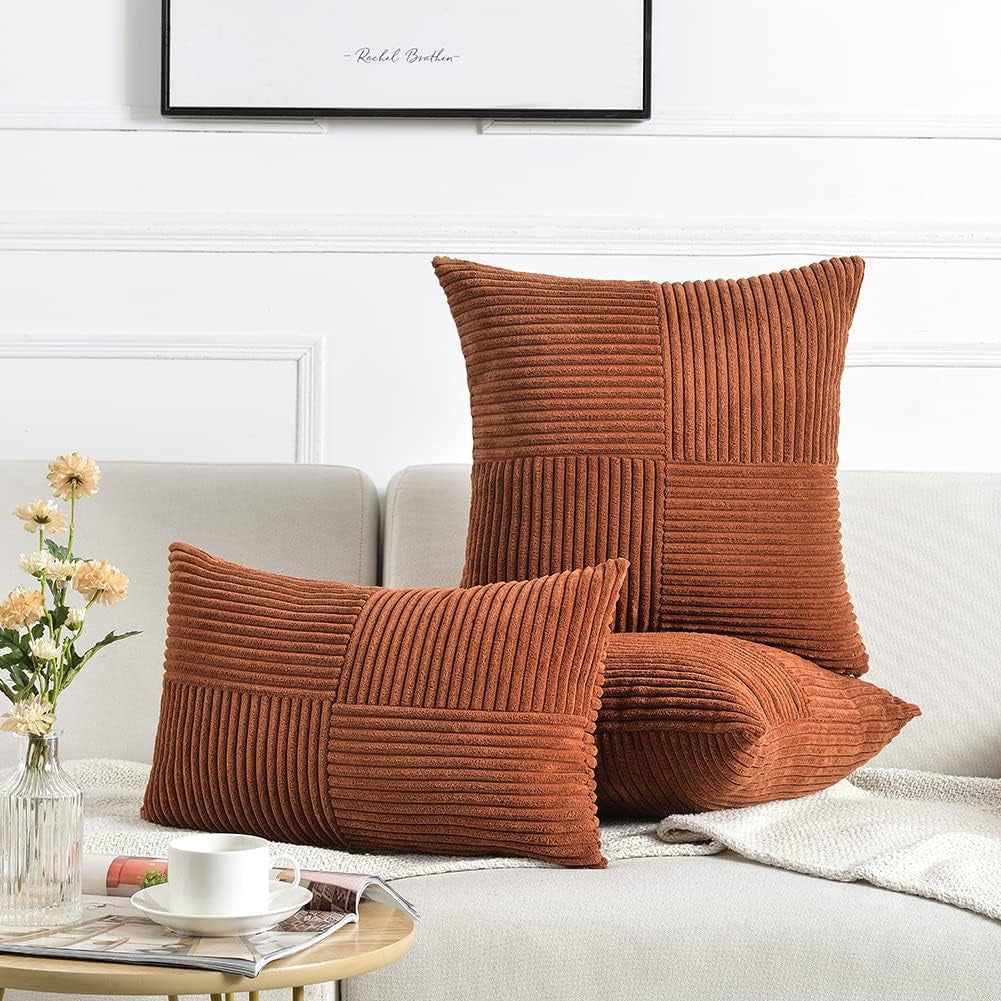 Rust Lumbar Decorative Throw Pillow Covers 12X20 Inch for Couch Bed Sofa, Rustic Farmhouse Boho Home Decor, Soft Striped Corduroy Rectangle Accent Terracotta Cushion Case 30X50 Cm