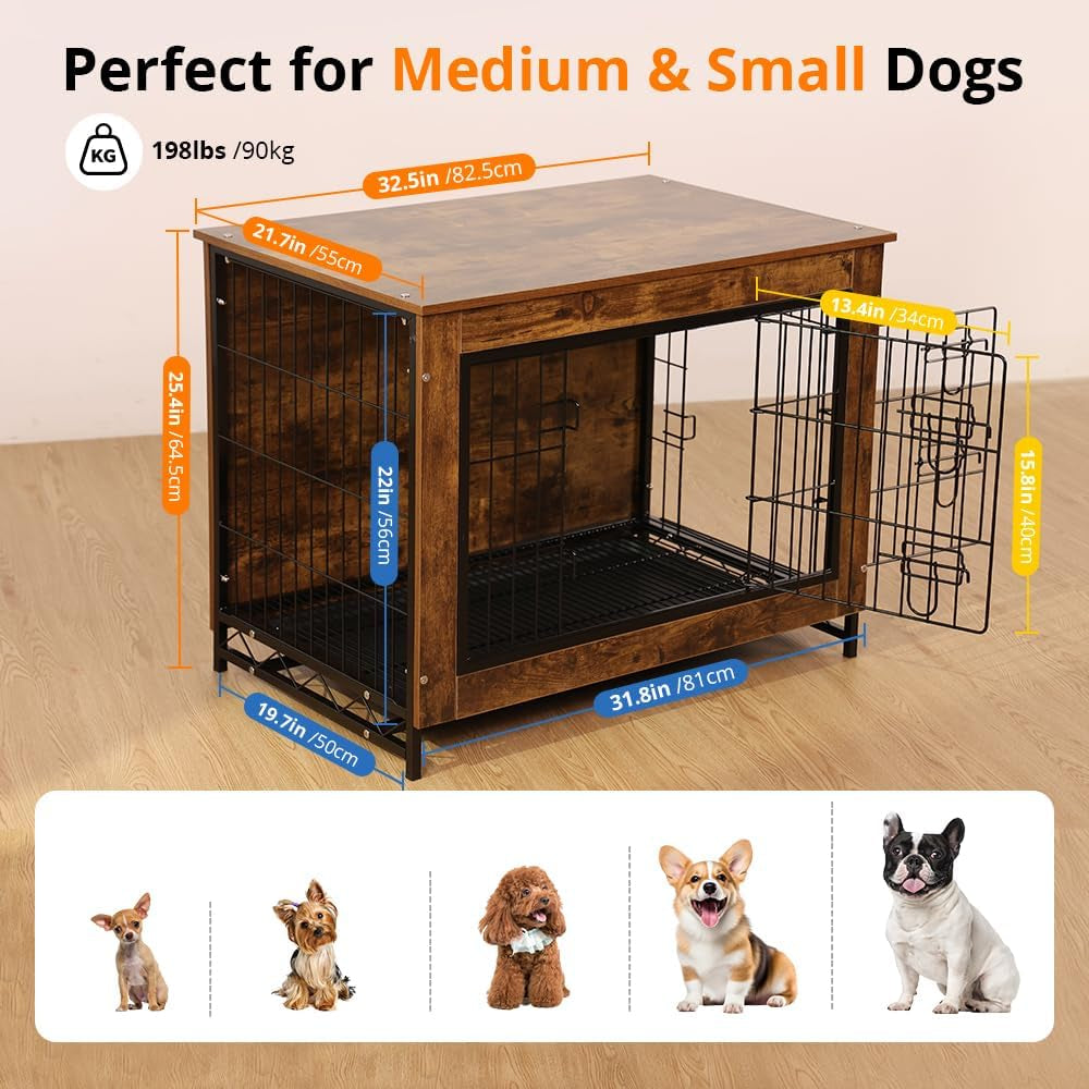 Dog Crate Furniture, Dog Kennel Furniture with Double Door, 32.5" Dog Crates for Medium Dogs with Removable Tray, Brown