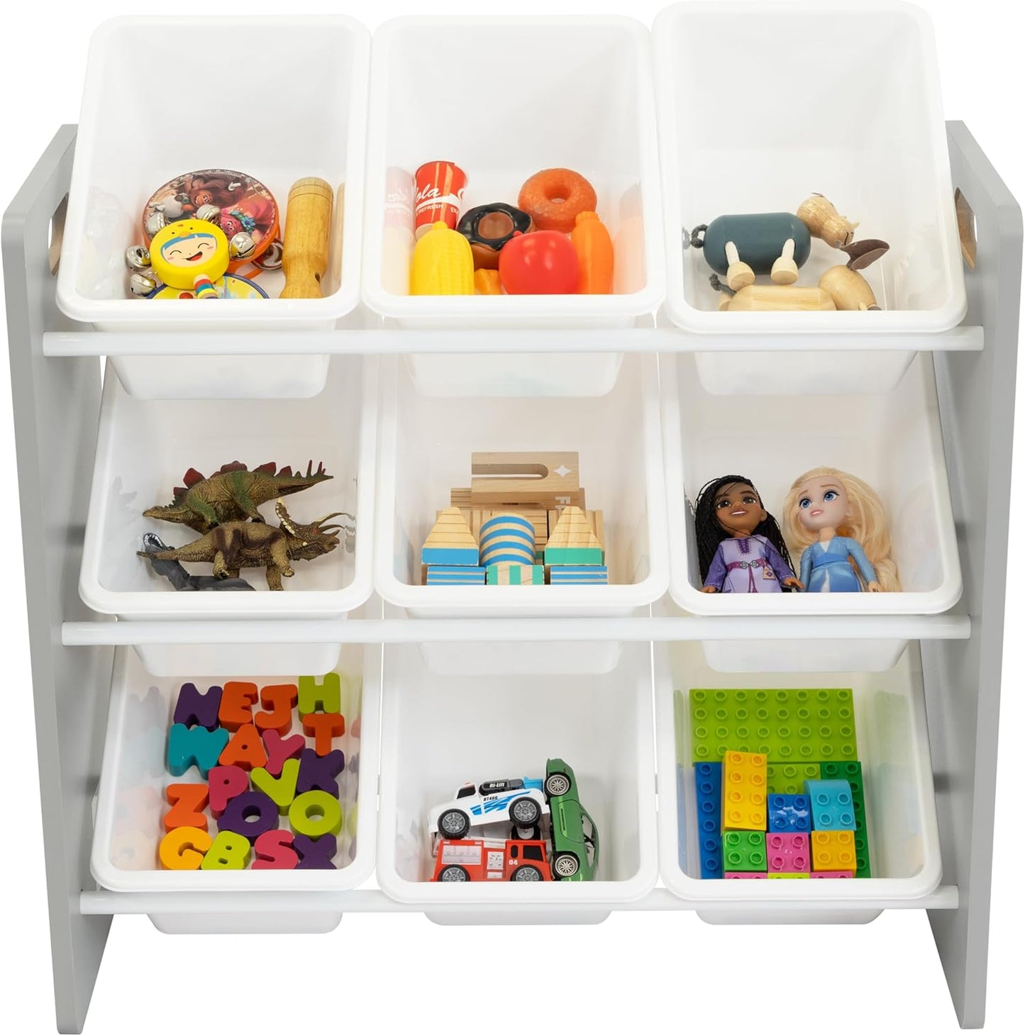 9-Bin Toy Organizer – Inspire Grey with White Plastic Bins, 3-Tier Storage Solution for Kids' Playrooms and Nurseries