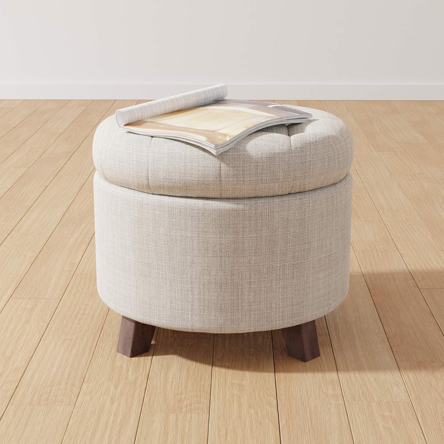 round Storage Ottoman Foot Rest, Button Tufted Upholstered Footstool with Storage, Sturdy Linen Fabric for Living Room and Bedroom, 20" X 17", Beige