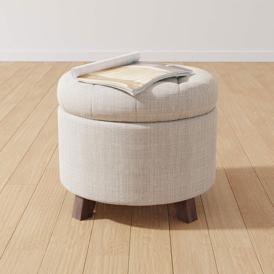 round Storage Ottoman Foot Rest, Button Tufted Upholstered Footstool with Storage, Sturdy Linen Fabric for Living Room and Bedroom, 20" X 17", Beige