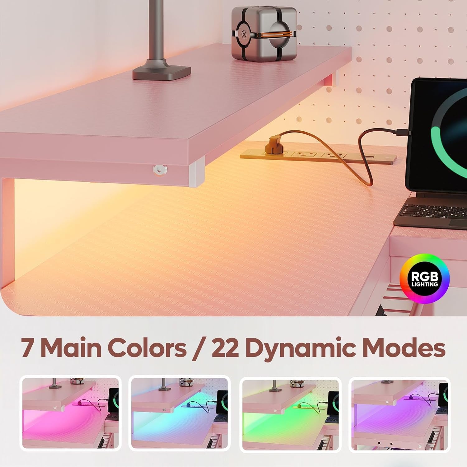 L Shaped Gaming Desk with Power Outlets,58 LED Small Corner Desk with Reversible Storage Shelves,Pink Computer Desk with Headset Hooks Desk for Living Room and Dormitory