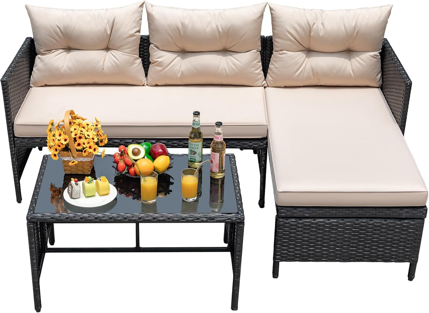 Outdoor Patio Furniture 3-Piece Rattan Waterproof Outdoor Sectional Sofa All-Weather L Shaped Patio Couch with Cushion Glass Table for Balcony, Garden (Beige)