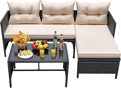 Outdoor Patio Furniture 3-Piece Rattan Waterproof Outdoor Sectional Sofa All-Weather L Shaped Patio Couch with Cushion Glass Table for Balcony, Garden (Beige)
