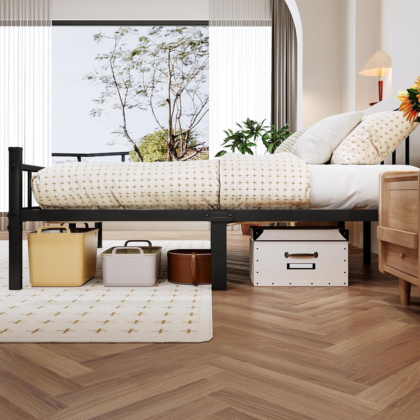 King Size Metal Bed Frame with Headboard & Footboard 14 Inch Metal Platform Mattress Foundation Support with Steel Slat, under Bed Storage, No Box Spring Needed