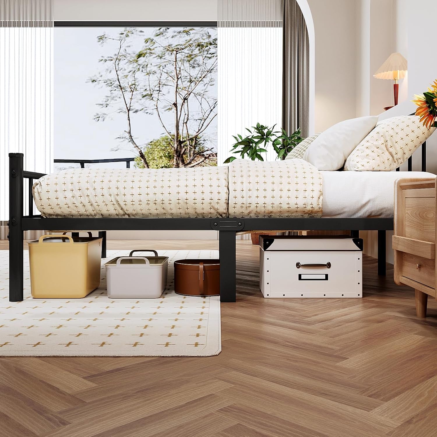 King Size Metal Bed Frame with Headboard & Footboard 14 Inch Metal Platform Mattress Foundation Support with Steel Slat, under Bed Storage, No Box Spring Needed