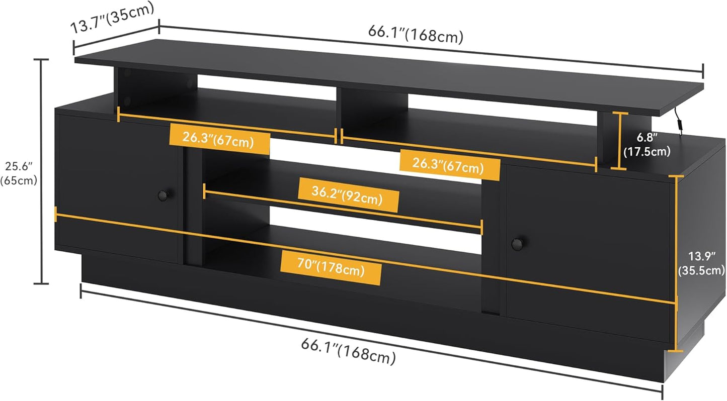 Modern TV Stand for 65/75 Inch Tvs, Entertainment Center with LED Lights, TV Shelf with Storage Cabinets & Movable Partition, TV Console for Living Room, Black