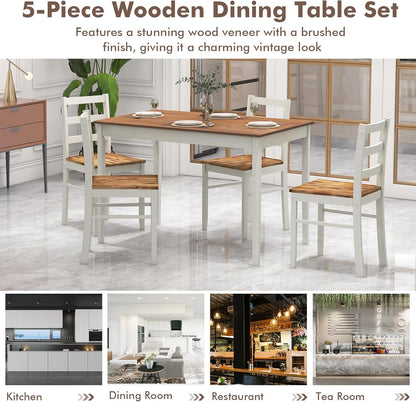5-Piece Dining Set for 4, Solid Wood Rectangular Table & 4 Chairs Wtih Rubber Wood Legs, Kitchen Table and Chairs Set for Small Spaces Dinette Dining Room Restaurant (Rustic Brown)