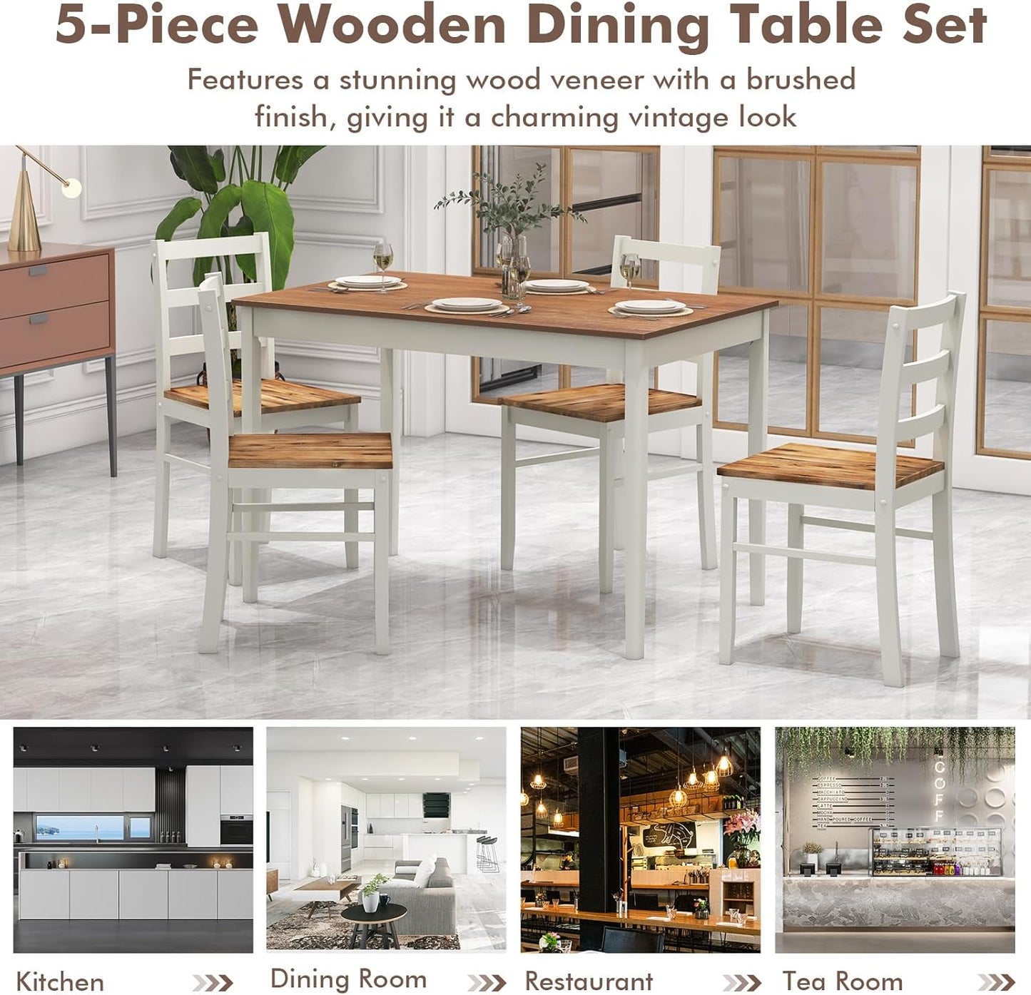 Dining Table Set for 4, Dining Room Table Set for 4, Breakfast Nook with Kitchen Table, 4 Dining Chairs, Compact Space-Saving Dinette Set for Small Space, Kitchen Table Chairs Set of 4 (Beige)