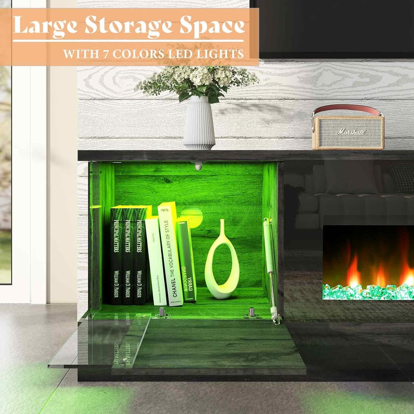 70" Glossy Oak Fireplace TV Stand with 36" Fireplace for Tvs up to 80", LED Lights Entertainment Center with Flip Doors & Corner Glass, Modern TV Console Table, Living Room, Black