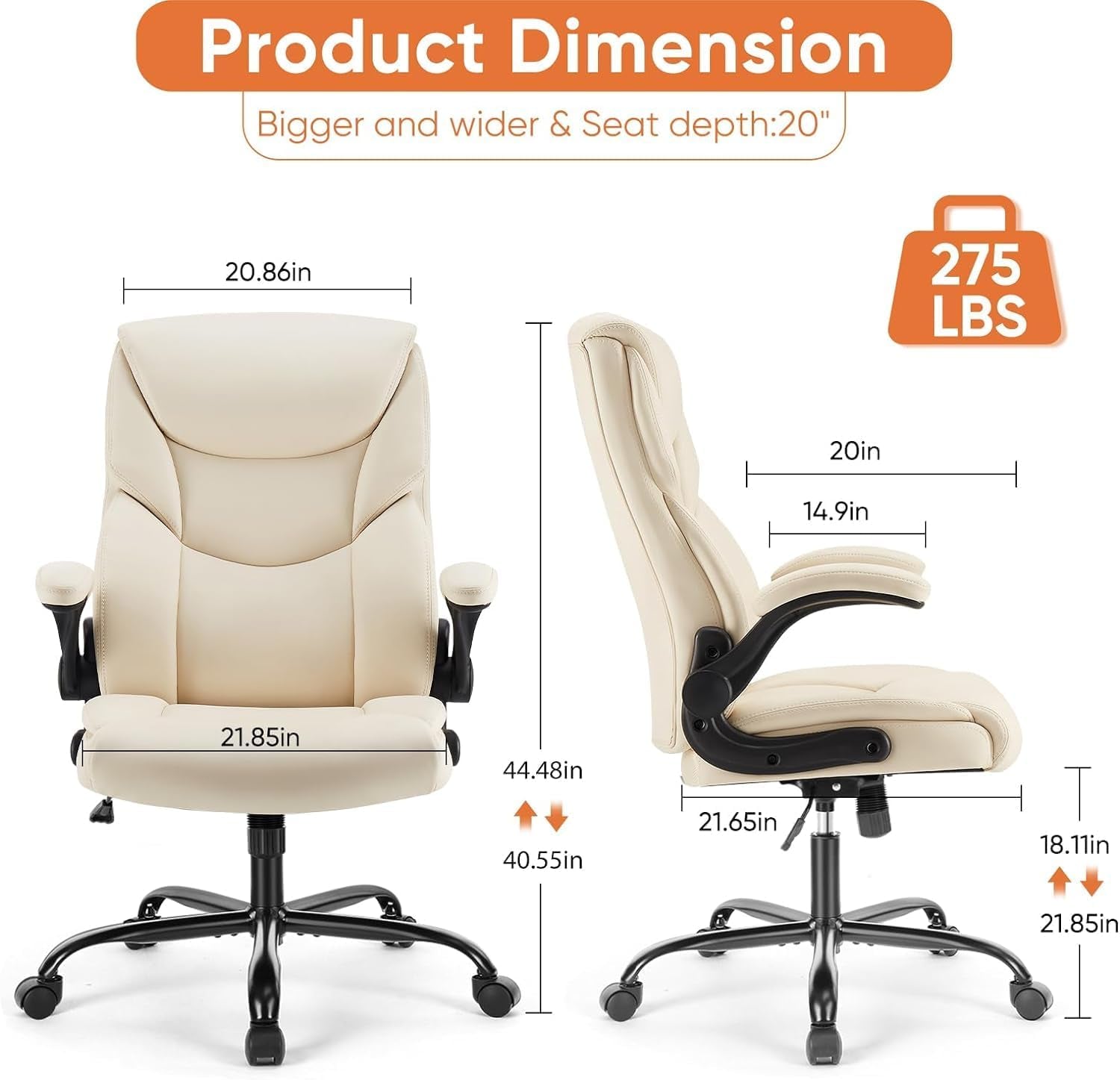 Ergonomic Office Chair Heavy Duty Task Desk Chair with Flip-Up Arms, PU Leather, Adjustable Swivel Rolling Chair with Wheels, Beige