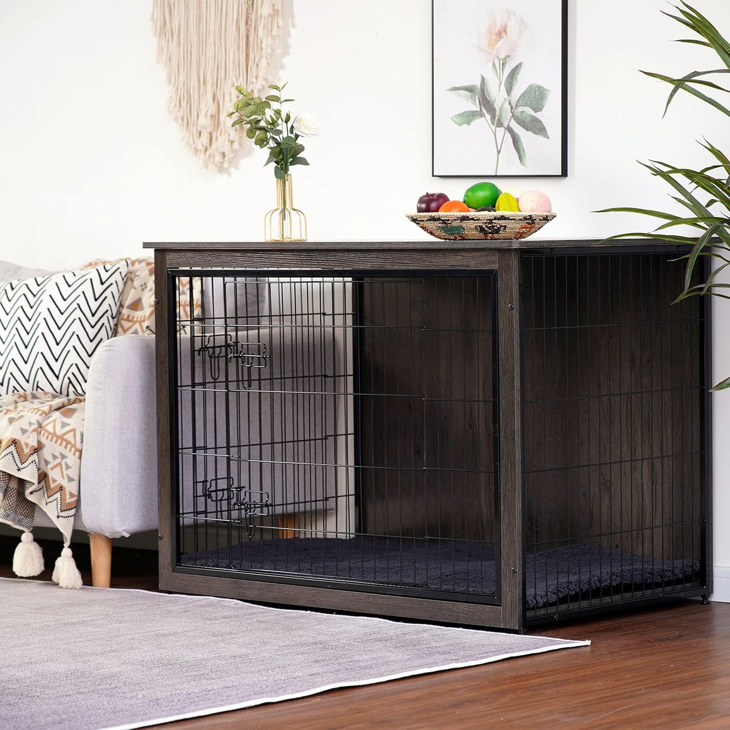 Dog Crate Furniture with Cushion, Wooden Kennel Table with Double Doors, Indoor Dog House, Extra Large Size, 43.3" L, Dark Gray