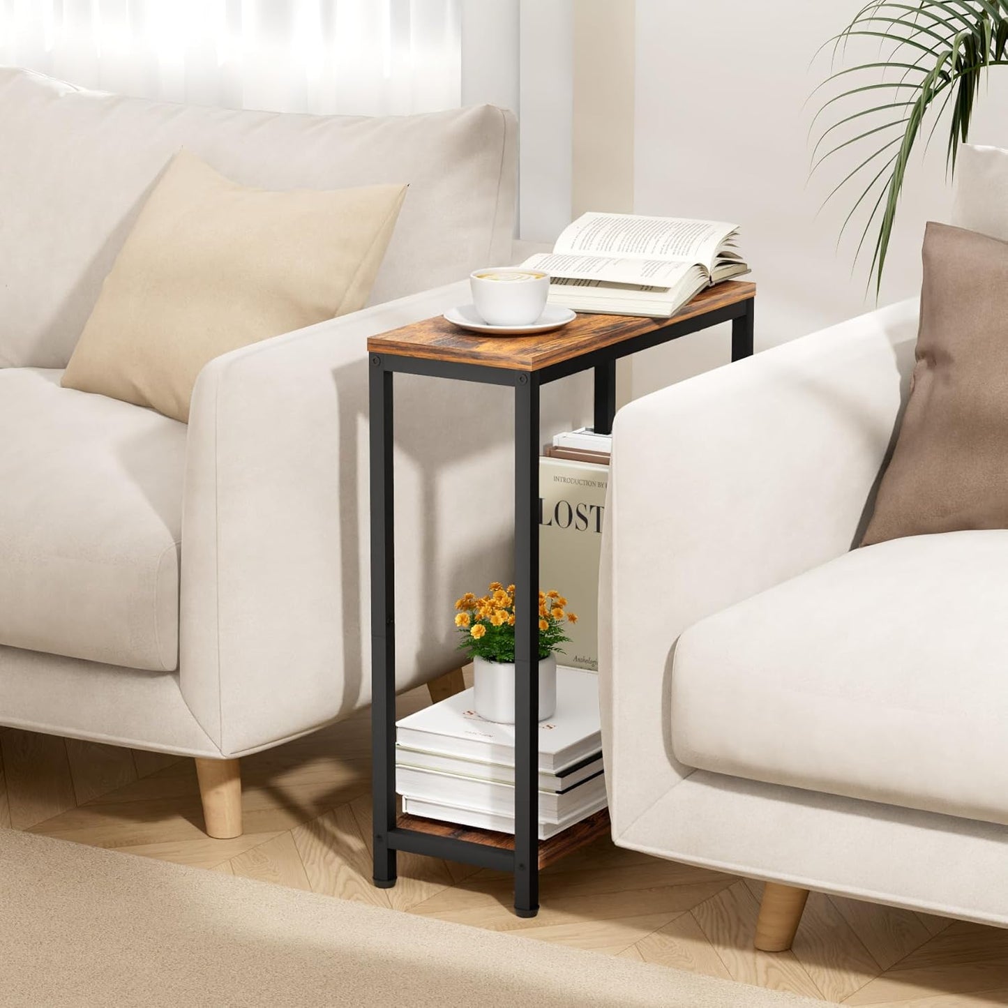 Narrow Small Side Table for Small Space, 2 Tier Sofa Skinny End Table for Living Room, Bedroom beside Slim Nightstand, Rustic Brown and Classic Black