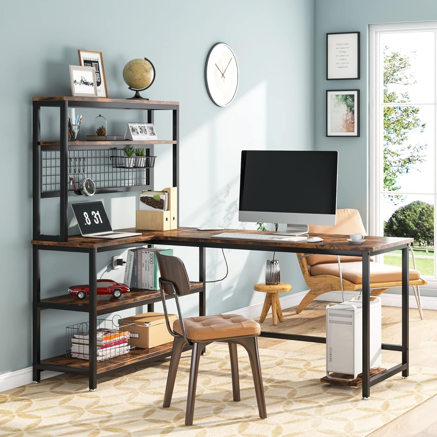 55" L-Shape Computer Desk with Hutch and Wireless Charging, Office Desk Study Table Writing Desk Workstation with 5 Shelves and Movable CPU Stand for Home Office (Brown)