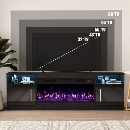 Fireplace with TV Stand 36" Inch Electric Fireplace up to 80" Tvs, LED Light Entertainment Center, 70" Modern Wood High Gloss with Highlight Storage Cabinet for Living Room (Black)